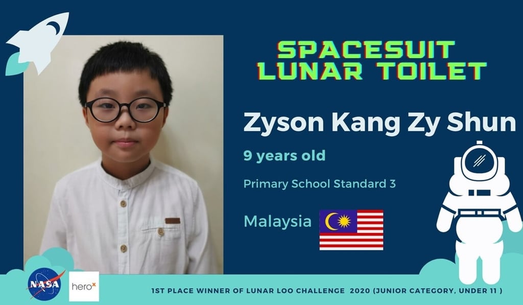 Zyson Kang was among 897 children who took part in the Junior category of Nasa’s Lunar Loo Challenge. Photo: Facebook Zyson Kang was among 897 children who took part in the Junior category of Nasa’s Lunar Loo Challenge. Photo: Facebook