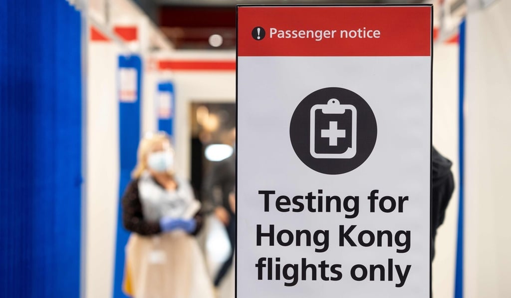 Signage at a Covid-19 passenger testing area in London’s Heathrow Airport. The UK is on Hong Kong’s high-risk countries list. Photo: AFP/ LHR Airports Limited
