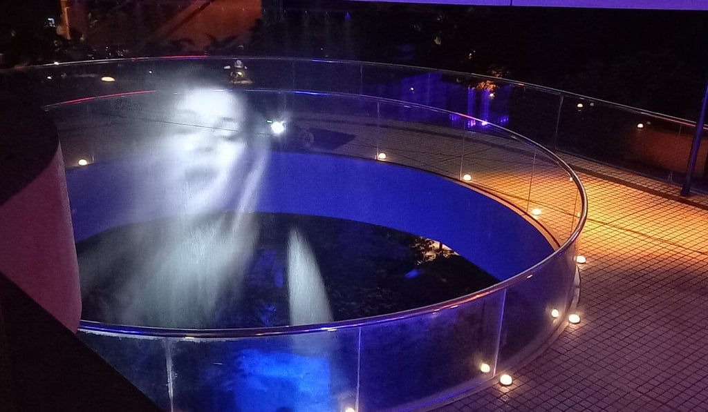 A hologram of one of the Danish Theatre of Voices performers appears on a water vapour screen during the production, Aria.