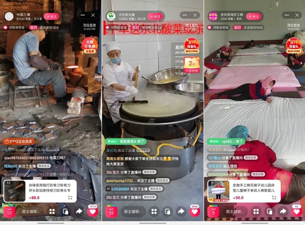 A blacksmith sharpening a chopping knife, a giant pancake maker, and elderly women making quilts were some of the live-streaming offerings during this year’s Singles’ Day shopping festival. Picture: Screenshots of Taobao Live A blacksmith sharpening a chopping knife, a giant pancake maker, and elderly women making quilts were some of the live-streaming offerings during this year’s Singles’ Day shopping festival. Picture: Screenshots of Taobao Live