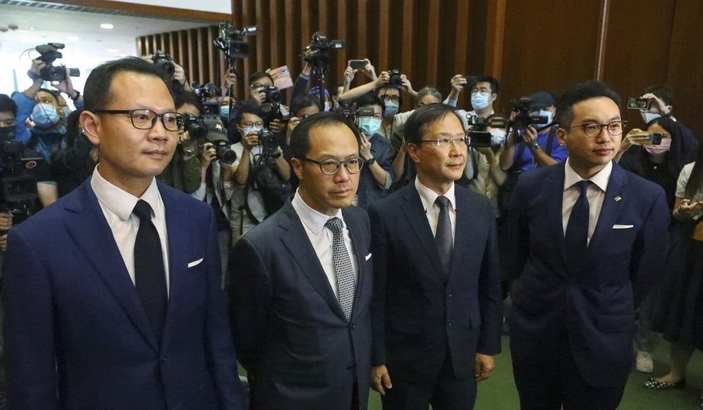 (Left to right) Lawmakers Dennis Kwok, Kenneth Leung, Kwok Ka-ki and Alvin Yeung were summarily ousted from the Legislative Council on Wednesday. Photo: Dickson Lee (Left to right) Lawmakers Dennis Kwok, Kenneth Leung, Kwok Ka-ki and Alvin Yeung were summarily ousted from the Legislative Council on Wednesday. Photo: Dickson Lee