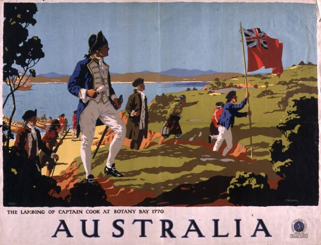 A travel poster shows British explorer Captain Cook landing with soldiers at Botany Bay, in Australia, in 1770. Photo: Getty Images