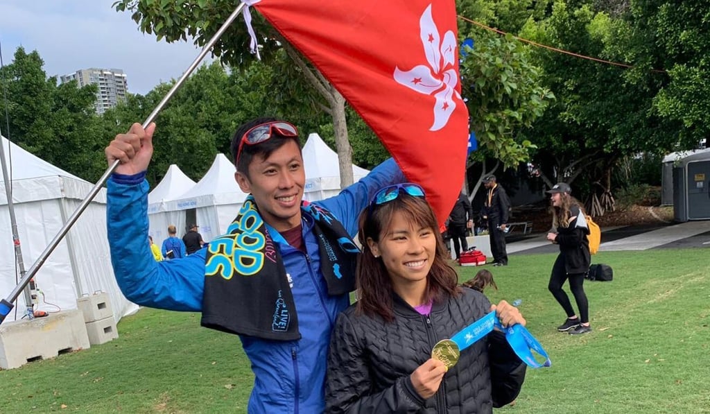 Christy Yiu and her husband Chan Ka-ho after breaking the Hong Kong women's marathon record in the 2019 Gold Coast Marathon in Australia. Photo: Handout