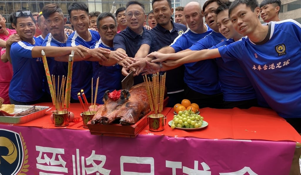 Ho Shun-yin (fourth from left) believes the club can work for the future of Hong Kong football by giving opportunities to young players. Photo: Chan Kin-wa