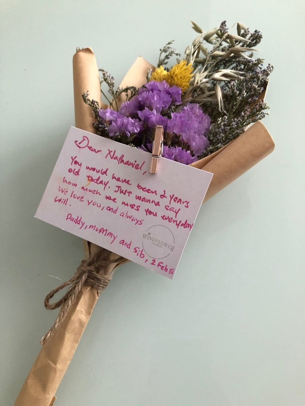 A bunch of flowers for Nathaniel, the son of Deanna and Timothy Lim, for what would have been his second birthday. Photo: Courtesy of Deanna Lim