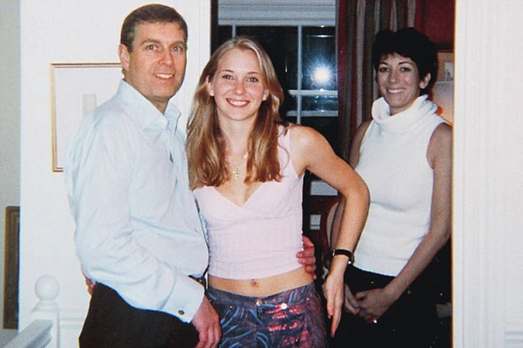 A widely seen photo purportedly showing Prince Andrew, Virginia Roberts Giuffre (centre) and Ghislaine Maxwell. Photo: Handout