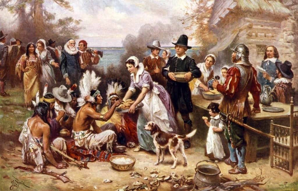 The first Thanksgiving 1621 by Jean Leon Gerome Ferris. Photo: Getty Images The first Thanksgiving 1621 by Jean Leon Gerome Ferris. Photo: Getty Images