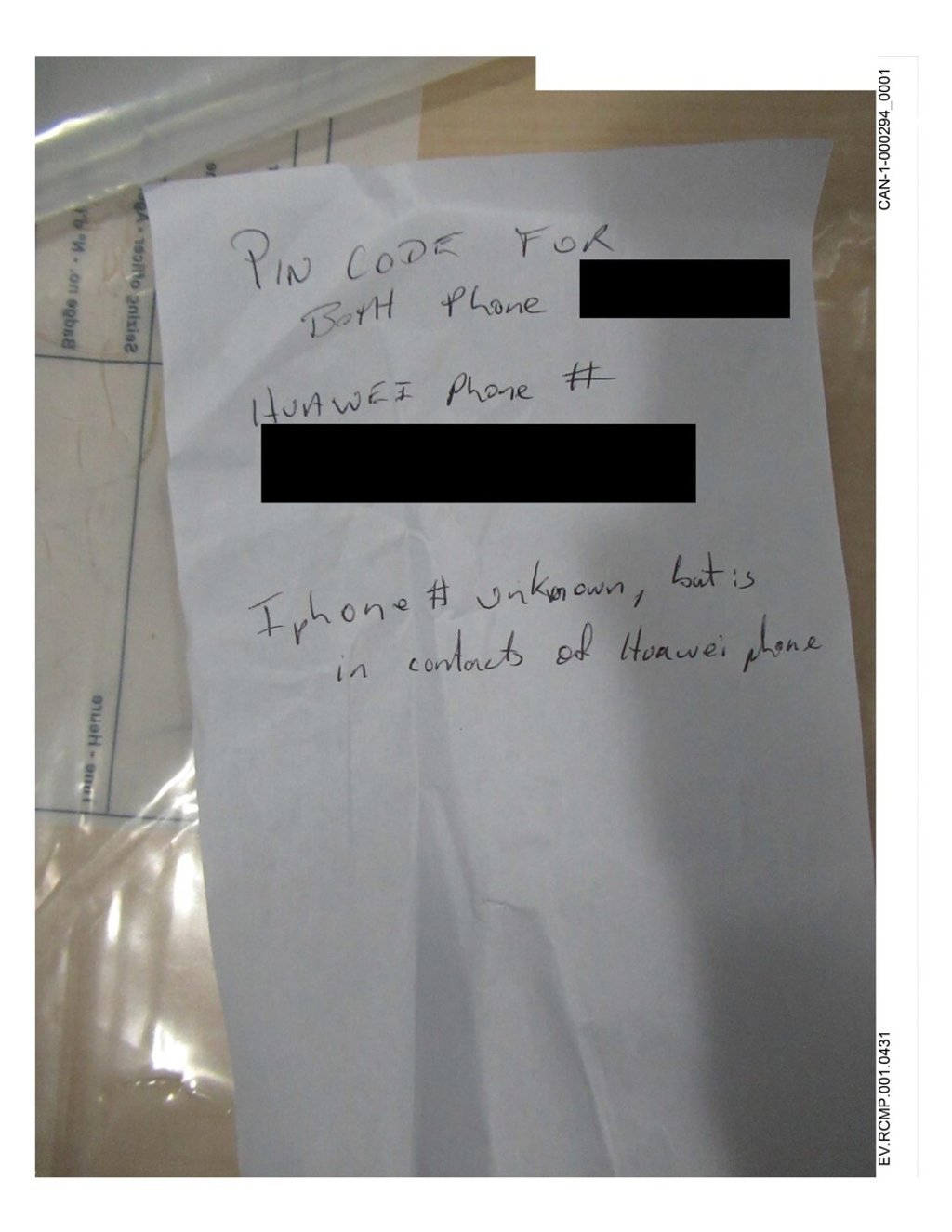 A note of Huawei executive Meng Wanzhou's electronic device passwords, written by Canada border officer Scott Kirkland before Meng's arrest at Vancouver's airport on December 1, 2018. Photo: BC Supreme Court A note of Huawei executive Meng Wanzhou's electronic device passwords, written by Canada border officer Scott Kirkland before Meng's arrest at Vancouver's airport on December 1, 2018. Photo: BC Supreme Court