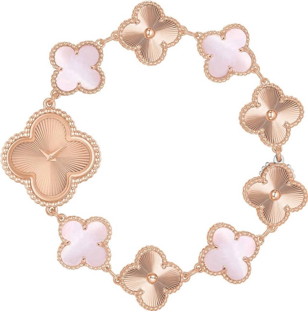 The Sweet Alhambra jewellery watch in the maison’s signature clover motif with pink mother-of-pearl and a guilloché rose gold dial. Photo: Van Cleef & Arpels