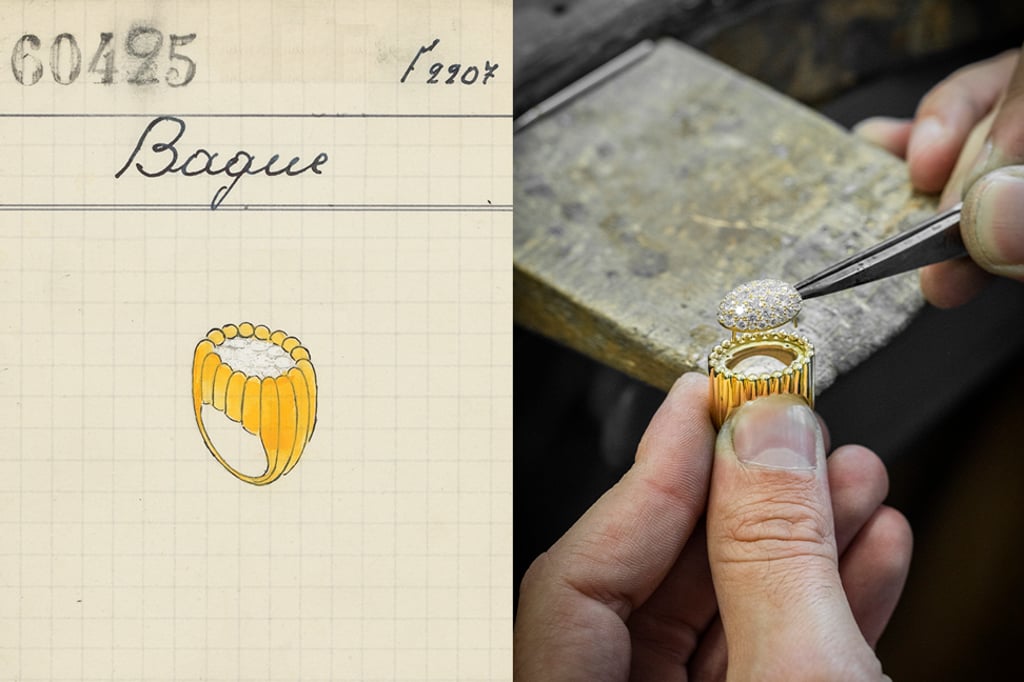 This 1948 ring design (left) from the Van Cleef & Arpels archives is the basis for the new Perlée diamond pavé ring. Photo: Van Cleef & Arpels