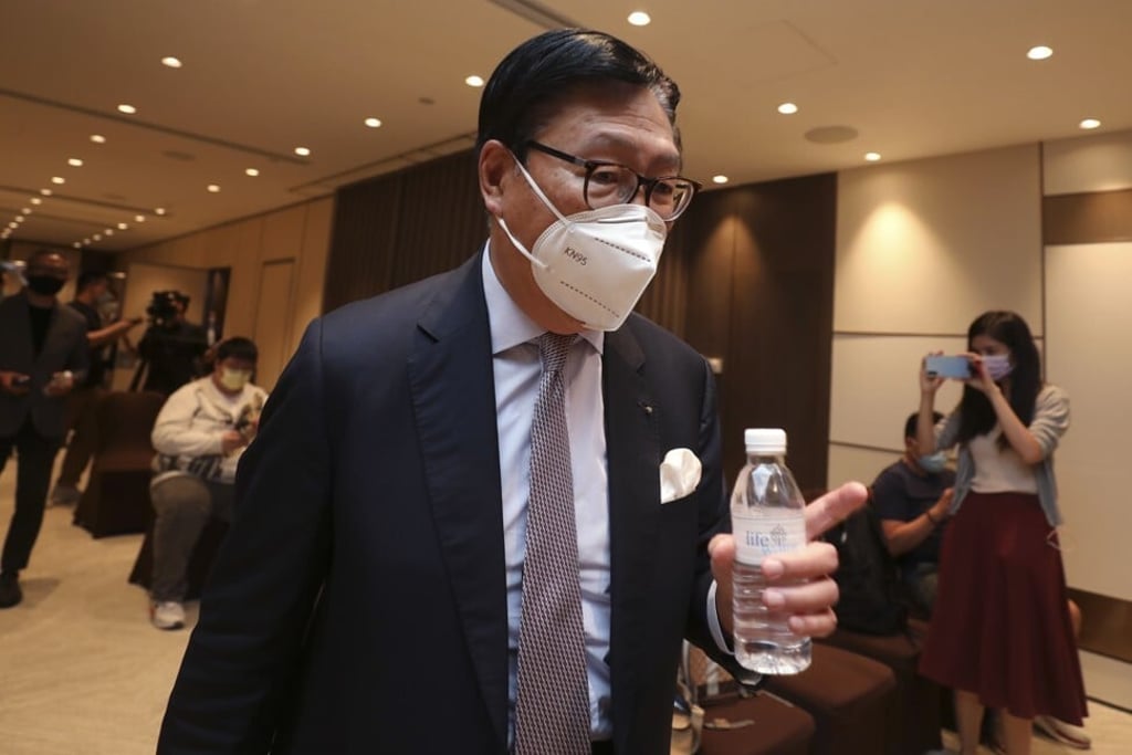 Frederick Ma Si-hang leaving the venue of Convoy Global Holdings’ shareholders meeting in Wan Chai on Thursday. Photo: Xiaomei Chen