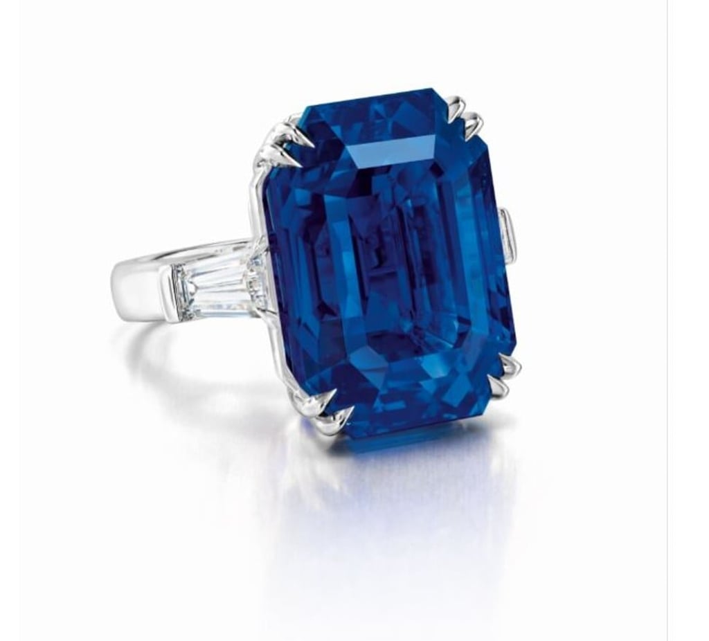 A 40-carat emerald cut Sri Lankan sapphire ring. Photo: Ronald Abram