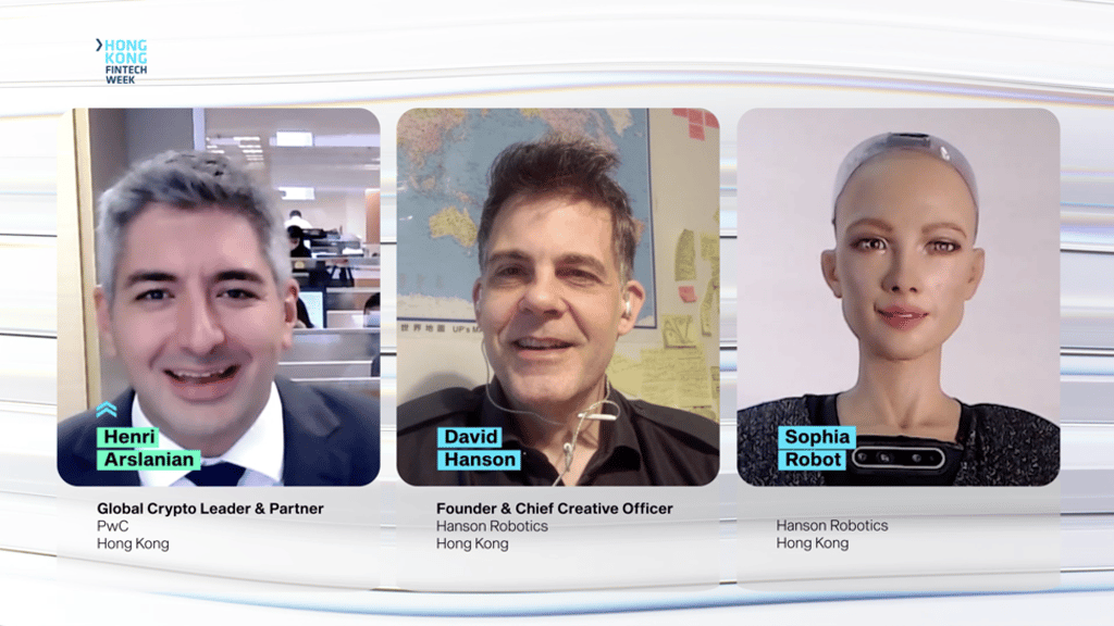 UN ambassador and humanoid robot Sophia participated in a discussion with crypto leader Henri Arslanian and her creator David Hanson, founder and CEO of Hanson Robotics, at Hong Kong FinTech Week 2020. UN ambassador and humanoid robot Sophia participated in a discussion with crypto leader Henri Arslanian and her creator David Hanson, founder and CEO of Hanson Robotics, at Hong Kong FinTech Week 2020.