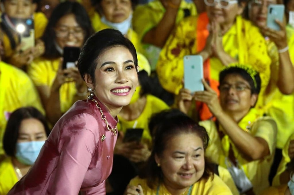 Sineenat smiles as she is pictured with supporters outside the Grand Palace in Bangkok on November 1, 2020. Photo: AFP