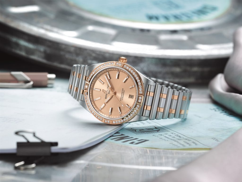 Chronomat Automatic 36 with a copper-coloured dial, diamond hour markers and diamond-set bezel. Photo: Breitling Chronomat Automatic 36 with a copper-coloured dial, diamond hour markers and diamond-set bezel. Photo: Breitling