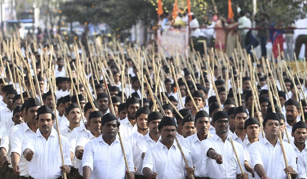Members of the Rashtriya Swayamsevak Sangh participate in a rally in December 2019 in support of India's new citizenship law on the outskirts of Hyderabad. Photo: AFP Members of the Rashtriya Swayamsevak Sangh participate in a rally in December 2019 in support of India's new citizenship law on the outskirts of Hyderabad. Photo: AFP