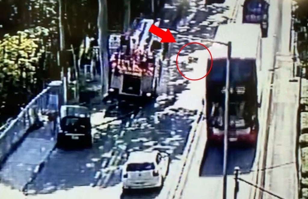 The fire engine came to a stop after hitting a cyclist and parked car on Sunday afternoon. Photo: Handout