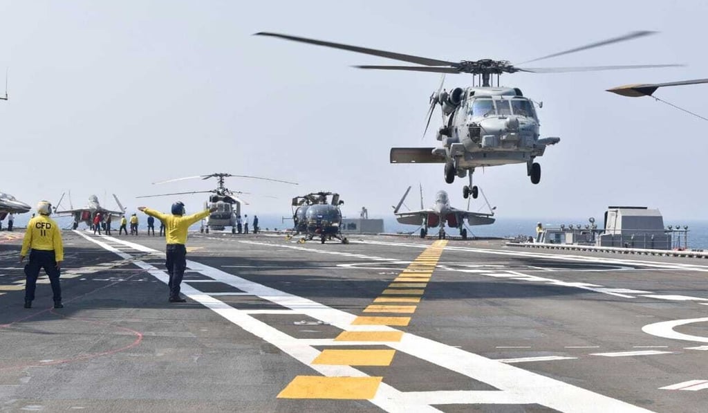 An aircraft carrier during a joint exercise of India, US, Japan and Australia, in the northern Arabian Sea in last month. Photo: Indian Navy via AP