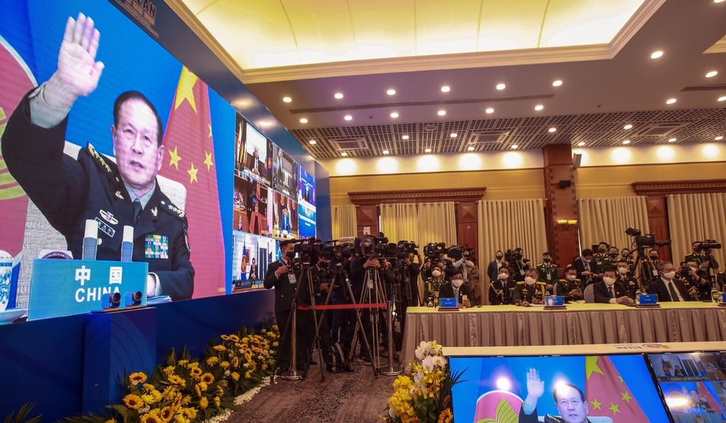 General Wei Fenghe is seen on screen during the virtual talks hosted by Vietnam on Thursday. Photo: EPA-EFE General Wei Fenghe is seen on screen during the virtual talks hosted by Vietnam on Thursday. Photo: EPA-EFE