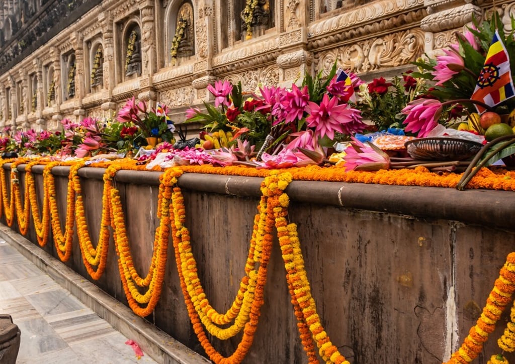 Flowers decorate a section of the Mahabodhi temple in Bodh Gaya, Bihar, India. Photo: Getty Images/iStockphoto Flowers decorate a section of the Mahabodhi temple in Bodh Gaya, Bihar, India. Photo: Getty Images/iStockphoto