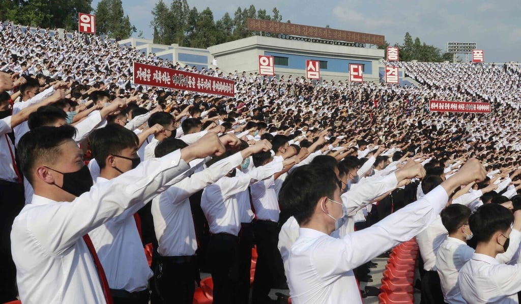 North Korean students stage a rally to denounce South Korea after defectors and other activists flew anti-Pyongyang leaflets over the border earlier this year. Photo: AP
