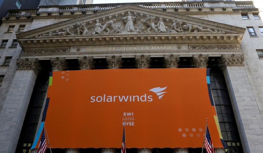 A SolarWinds banner hangs at the New York Stock Exchange on the company’s IPO day in October 2018. Photo: Reuters A SolarWinds banner hangs at the New York Stock Exchange on the company’s IPO day in October 2018. Photo: Reuters