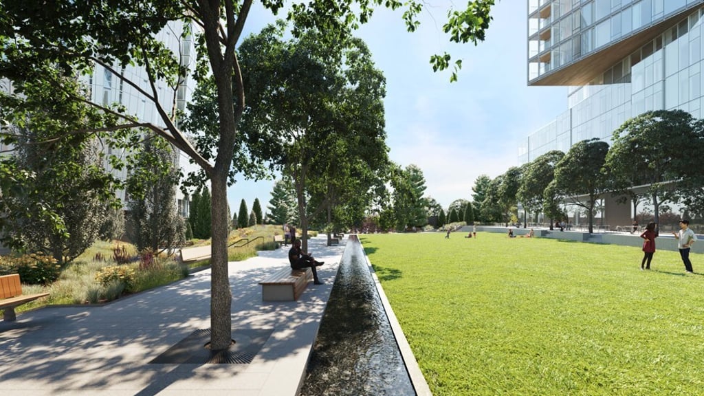 The park at Waterline Square, Manhattan, where pets and people can run around. Photo: Noe & Associates with The Boundary
