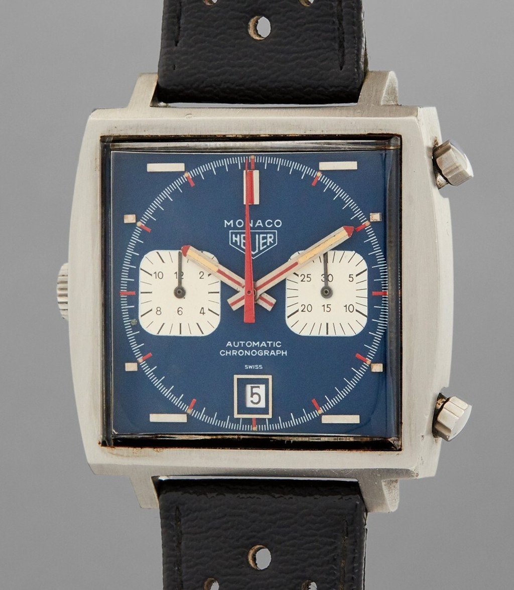 The Heuer Monaco watch used on the set of 1971 film Le Mans starring Steve McQueen. Photo: Phillips