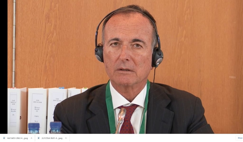 Franco Frattini chairs the CAS hearing on Sun Yang in February, 2020.