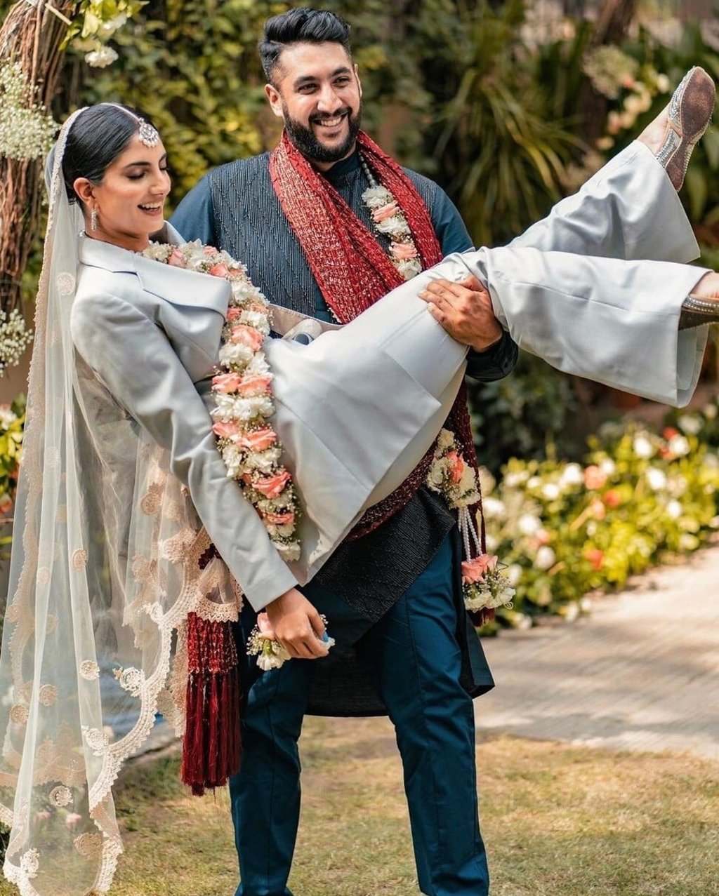 Sanjana Rishi, 29, who recently married 33-year-old Delhi businessman Dhruv Mahajan, created a stir across social media for getting married in a powder-blue pantsuit instead of the traditional Indian finery. Photo: Instagram