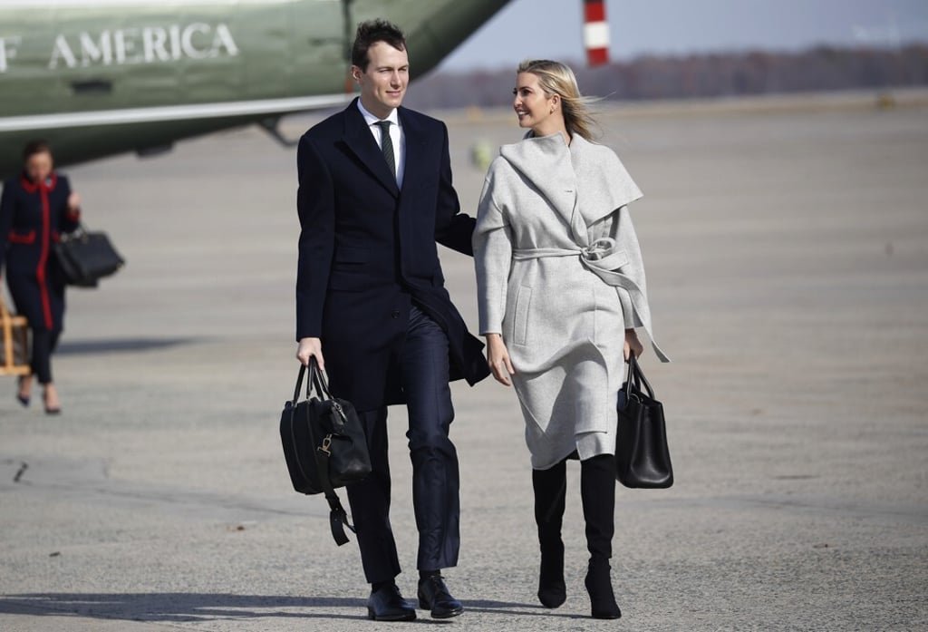 Jared Kushner and Ivanka Trump walking across the tarmac before boarding Air Force One. Photo: AP