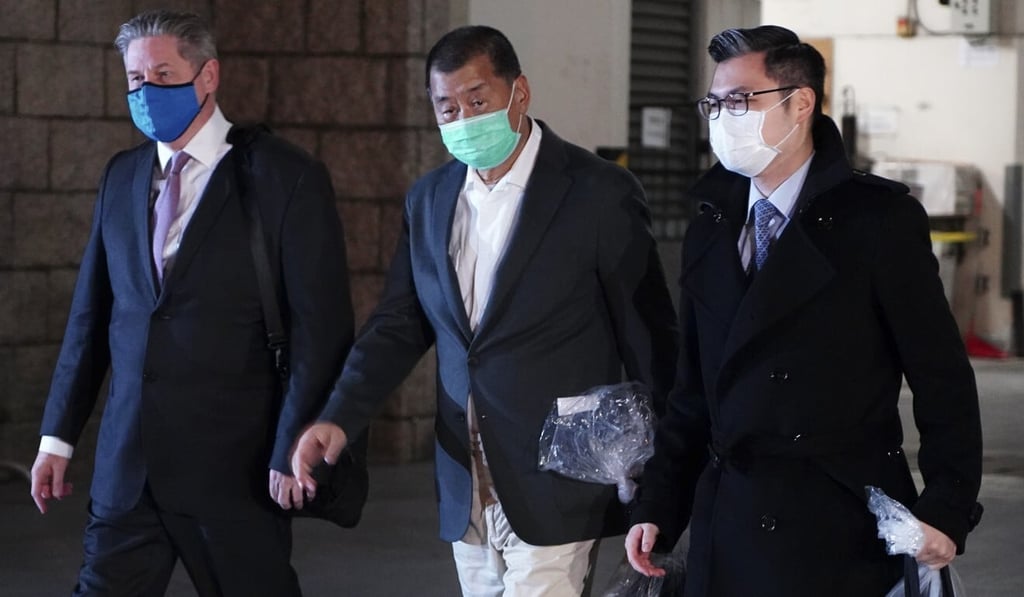 Apple Daily founder Jimmy Lai (centre) was released on HK$10 million bail on December 23. Photo: Robert Ng