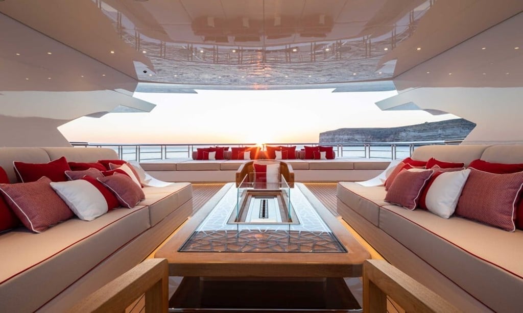 The lounge aboard Benetti’s 107-metre Lana, looking aft. Photo: Imperial Yachts