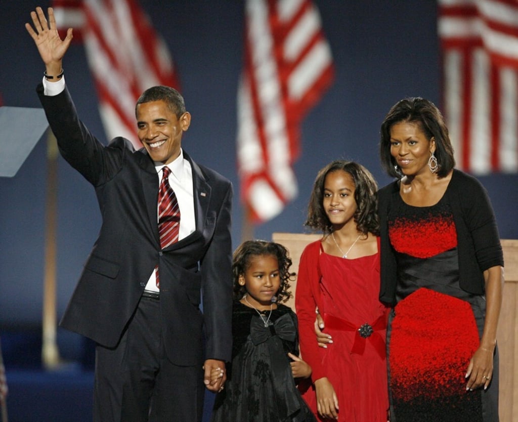 Barack Obama with his wife Michelle and their daughters Malia and Sasha at his election night rally after being declared US president in 2008. Photo: Reuters