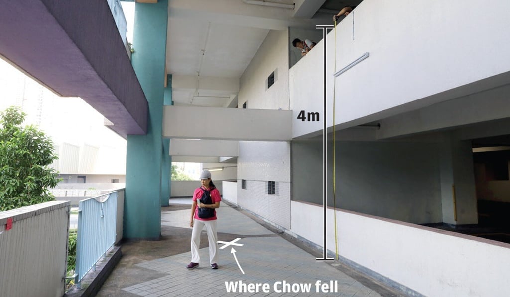 The Sheung Tak Estate car park in Tseung Kwan O, where Chow Tsz-lok fell from the third floor to the second floor. Photo: Handout The Sheung Tak Estate car park in Tseung Kwan O, where Chow Tsz-lok fell from the third floor to the second floor. Photo: Handout