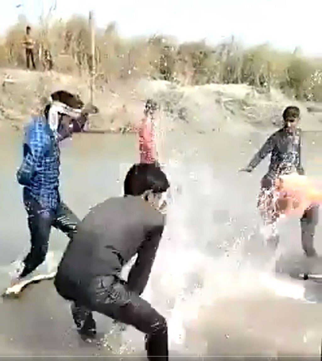 Video footage shows a group of Indian men beating a dolphin to death. Image: Twitter/@ShivAroor