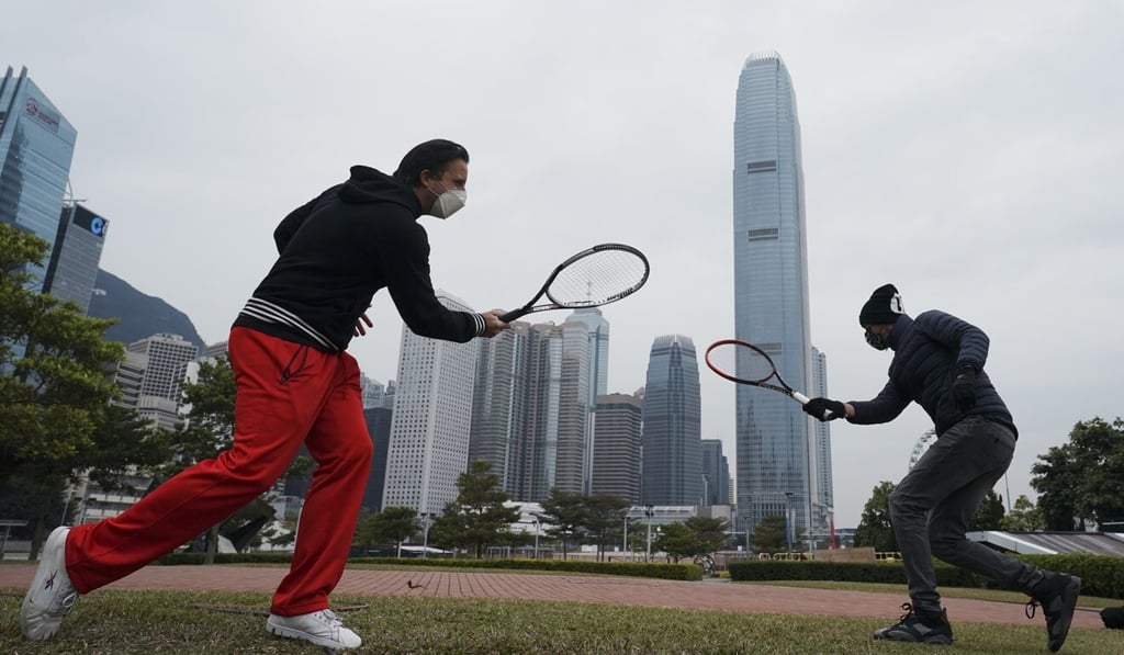 A gathering of tennis players was broken up quickly by a heavy police presence at Tamar Park. Photo: Felix Wong A gathering of tennis players was broken up quickly by a heavy police presence at Tamar Park. Photo: Felix Wong