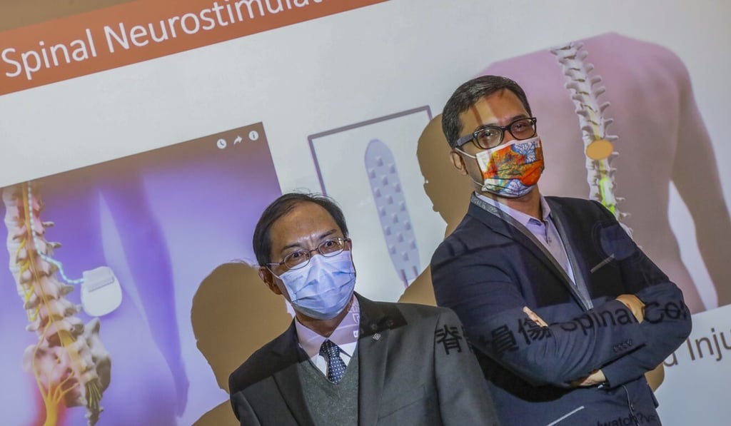 Professor Zheng Yong-ping (left) and Dr Monzurul Alam speak to the press about the novel neurostimulator. Photo: K. Y. Cheng Professor Zheng Yong-ping (left) and Dr Monzurul Alam speak to the press about the novel neurostimulator. Photo: K. Y. Cheng