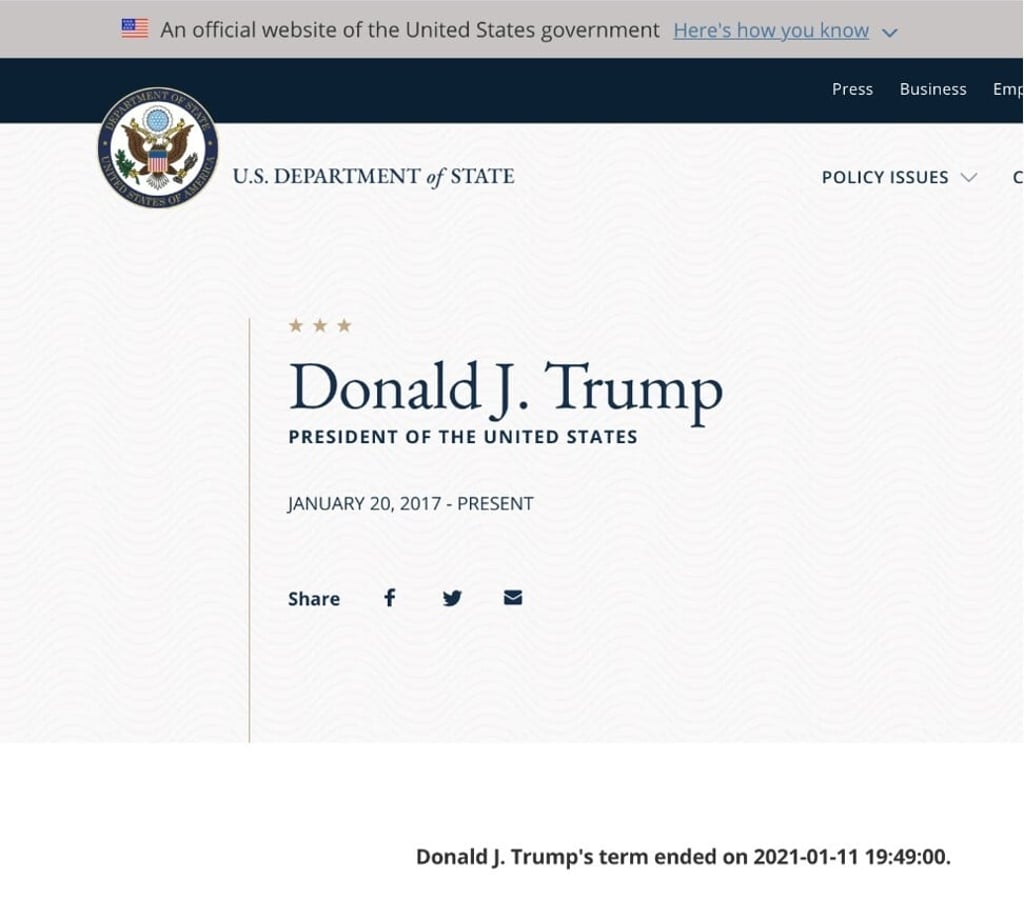 A screenshot from Donald Trump's biography page on the US State Department website on Monday.