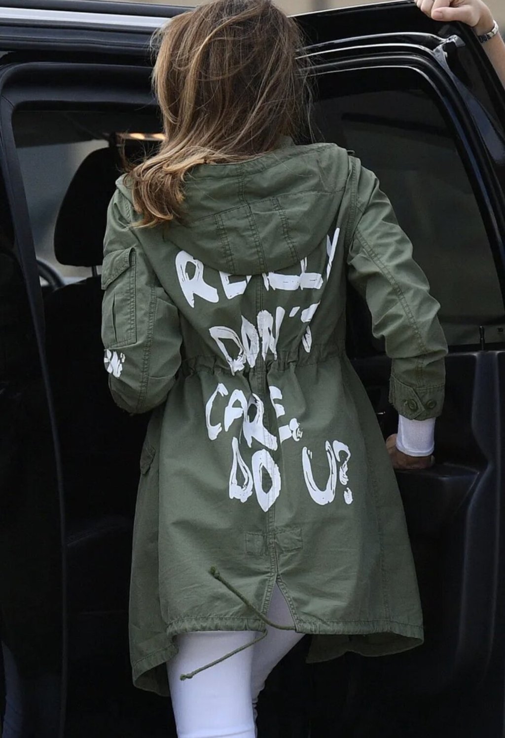 Melania Trump’s controversial jacket. Photo: @dremilyportermd/Twitter Melania Trump’s controversial jacket. Photo: @dremilyportermd/Twitter