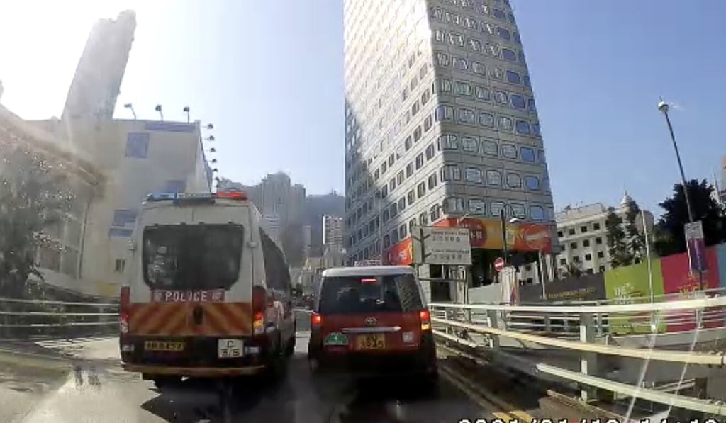 An empty police van finally came to a stop after rolling about 100 metres backwards down a section of Cotton Tree Drive in the Mid-Levels on Wednesday. Photo: Facebook