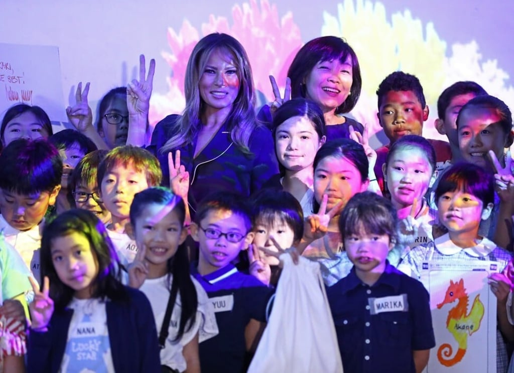 US first lady Melania Trump with Akie Abe, wife of Japanese Prime Minister Shinzo Abe, at the TeamLab Borderless exhibit at the Mori Museum in Tokyo in 2019. Photo: Reuters
