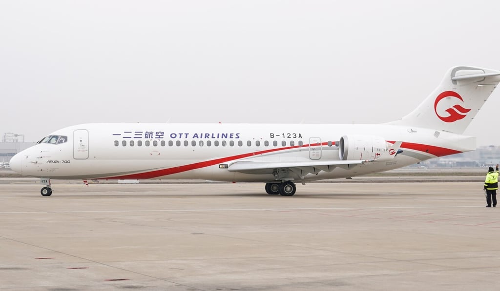 An ARJ21 aircraft of One Two Three Airlines (OTT Airlines) heads for a designated area before performing its first flight at Shanghai Hongqiao International Airport in Shanghai, east China on December 28, 2020. The ARJ21 is manufactured by the Commercial Aircraft Corporation of China (Comac). Photo: Xinhua An ARJ21 aircraft of One Two Three Airlines (OTT Airlines) heads for a designated area before performing its first flight at Shanghai Hongqiao International Airport in Shanghai, east China on December 28, 2020. The ARJ21 is manufactured by the Commercial Aircraft Corporation of China (Comac). Photo: Xinhua