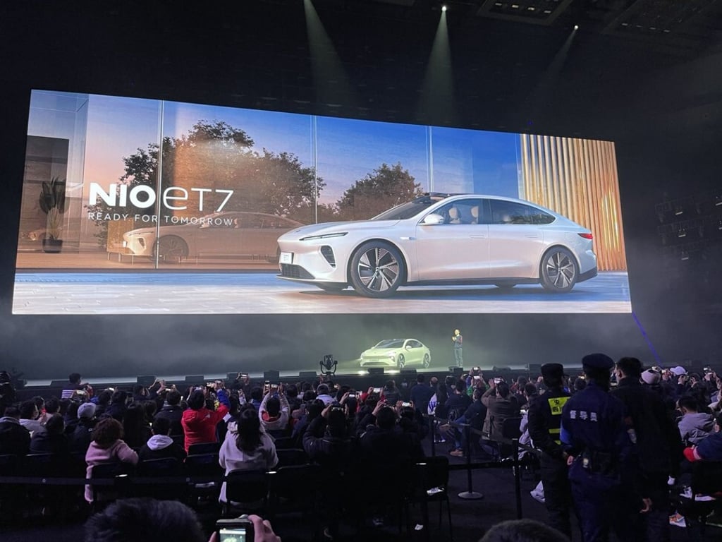 William Li Bin, chief executive of NIO, on stage during the launch of the carmaker's ET7 sports-utility vehicle in the Sichuan provincial capital of Chengdu on January 9, 2021. Photo: Daniel Ren