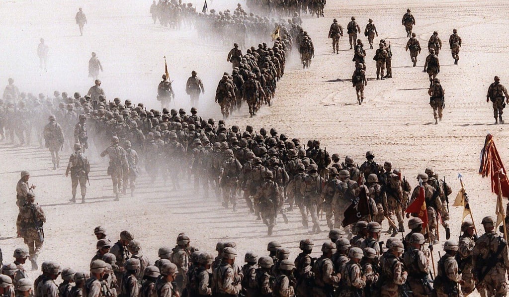 Troops from the US 1st Cavalry Division are deployed across the Saudi desert during preparations for the Gulf War. Photo: AP Troops from the US 1st Cavalry Division are deployed across the Saudi desert during preparations for the Gulf War. Photo: AP