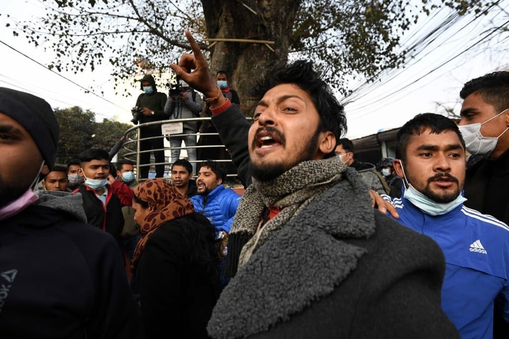 Protesters from the Nepal Student Union, which is affiliated with the opposition Nepali Congress party, chant slogans during a demonstration against the dissolution of the country's parliament, in Kathmandu on January 13. Photo: AFP