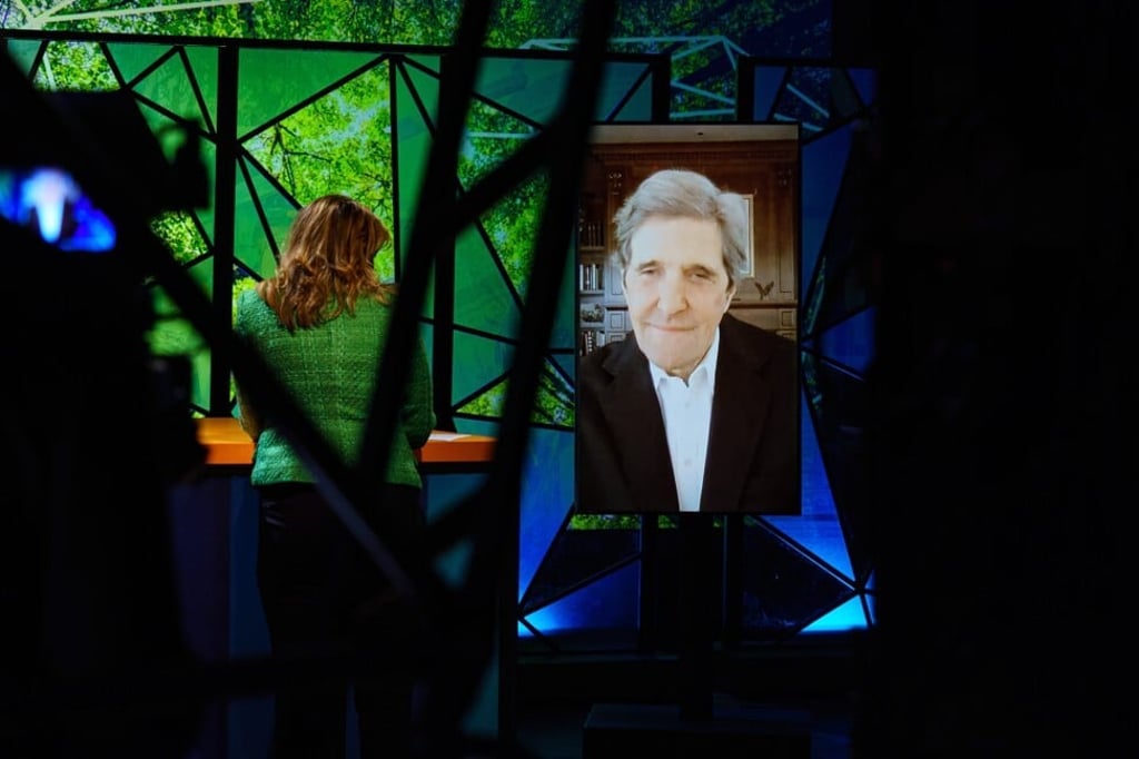 US climate envoy John Kerry delivers a speech at the Climate Adaptation Summit 2021, via video link. Photo: Xinhua
