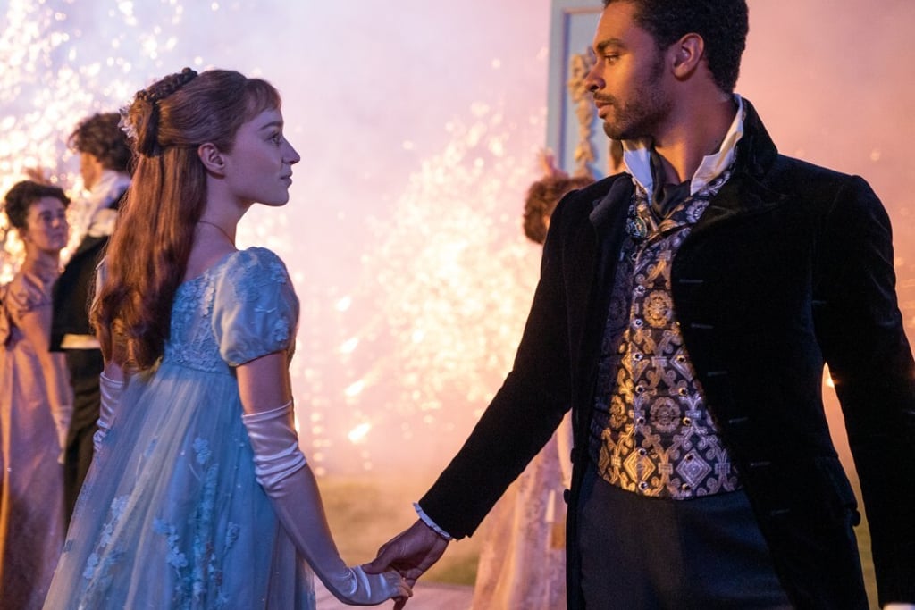 Dynevor (left) and Regé-Jean Page in Bridgerton. Photo: Liam Daniel/Netflix