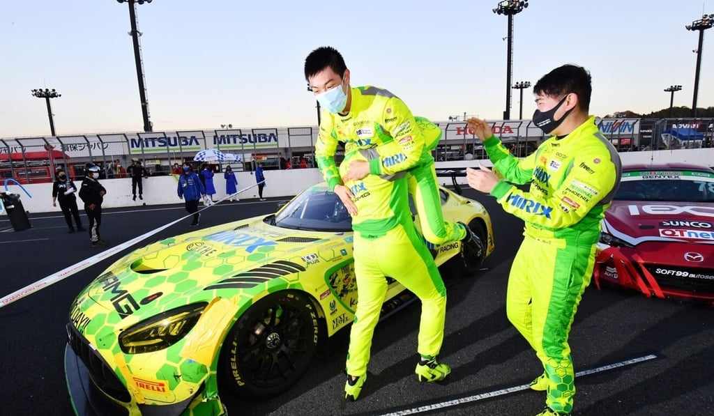 Team Hirix Racing teammates lift Shaun Thong after winning another race in the 2020 Super Taikyu Series championship. Photo: Handout