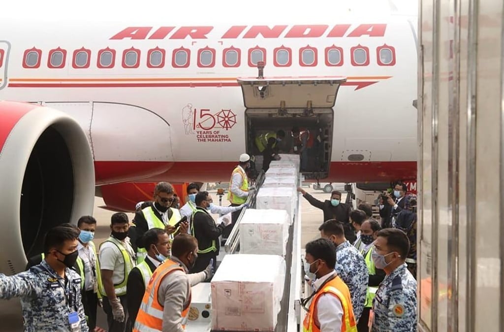 Boxes of Covid-19 vaccine arriving in Dhaka, Bangladesh, from India. India provided 2 million jabs of the vaccine to Bangladesh, a gift that is likely to foster closer ties. Photo: AP Boxes of Covid-19 vaccine arriving in Dhaka, Bangladesh, from India. India provided 2 million jabs of the vaccine to Bangladesh, a gift that is likely to foster closer ties. Photo: AP